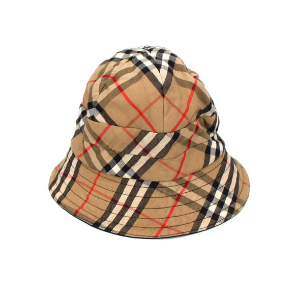 Burberry Tan Nova Check Banded Stitched Brim Bucket Hat OS Red Plaid Vintage - Picture 1 of 6